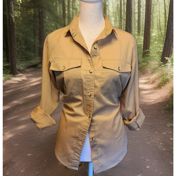 Movie Star Brand Tan Button Down Safari Style Camp Shirt L/S Junior's Size 9 - Picture 1 of 7